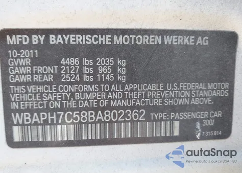 2011 BMW 328I z USA, uszkodzony, nr VIN WBAPH7C58BA802362